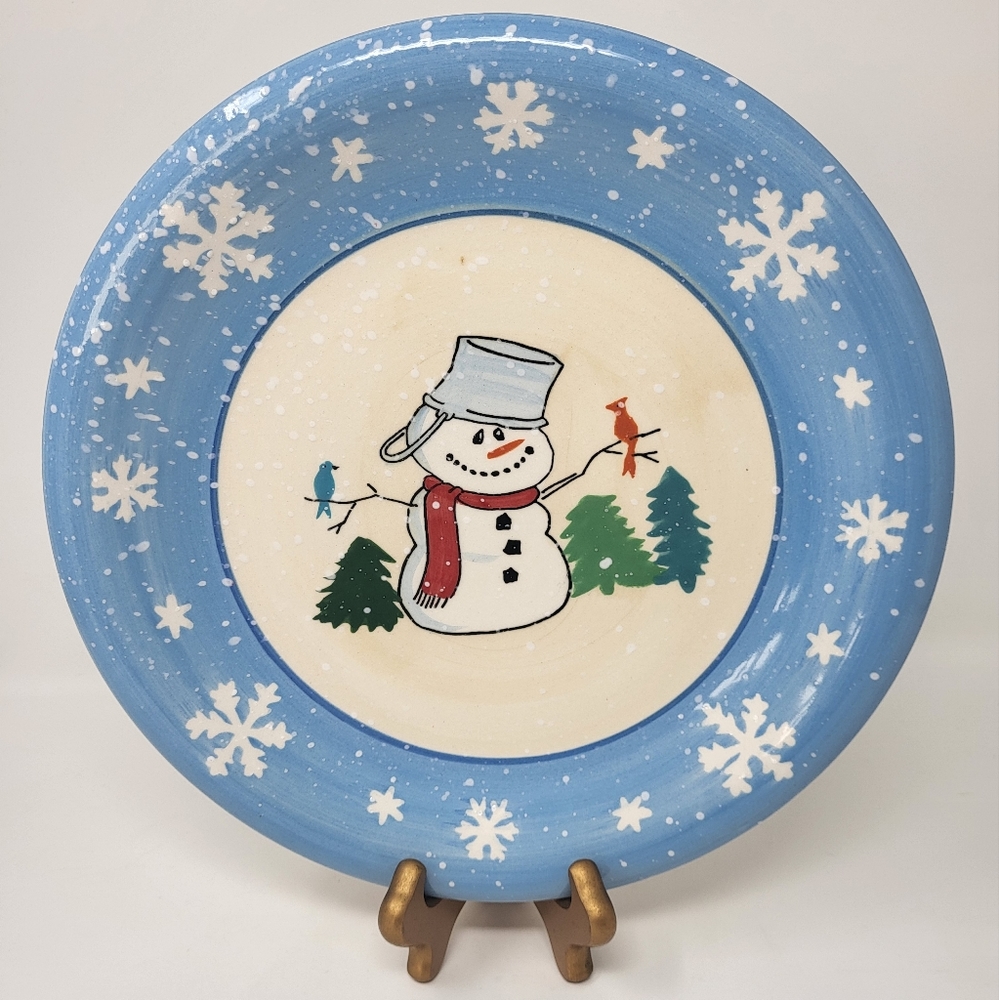 10.5" Salute Snowman Winter‎ Holiday Ceramic Round Dish Snowflakes
